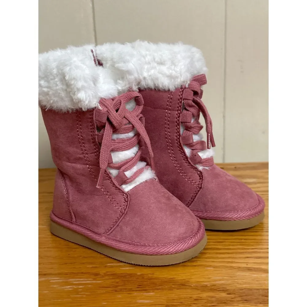 Boots‎ Kids Girls 5 Pink Suede Winter Boots Faux Fur Trim